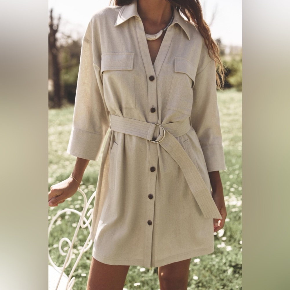 🌾 ZARA Belted Linen Mini Dress with Faux Stone Buttons Gold Hardware